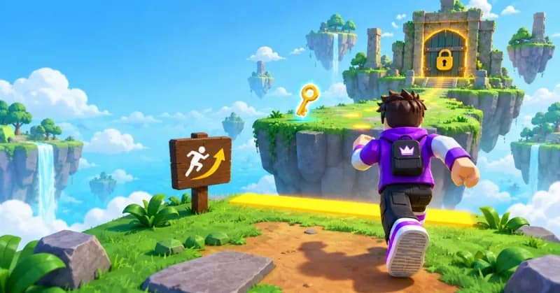 A character runs along a highlighted path toward a locked gate, a key floating ahead and a sign pointing the way