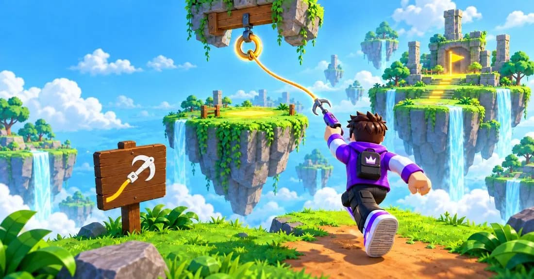 A hero with a grappling hook before a gap, a ring to latch onto ahead and a sign showing the hook