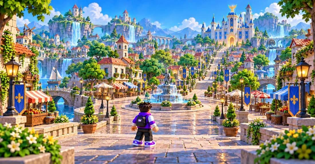 A character on a town square, stairs ahead leading to a castle on the hill